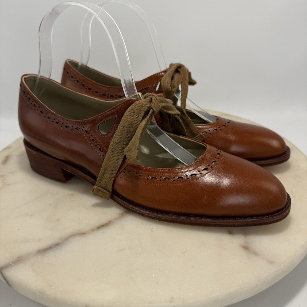 Anna 1930's-inspired Flats Cognac Brown Side Cut-outs Wide Ribbon Laces Emery 7